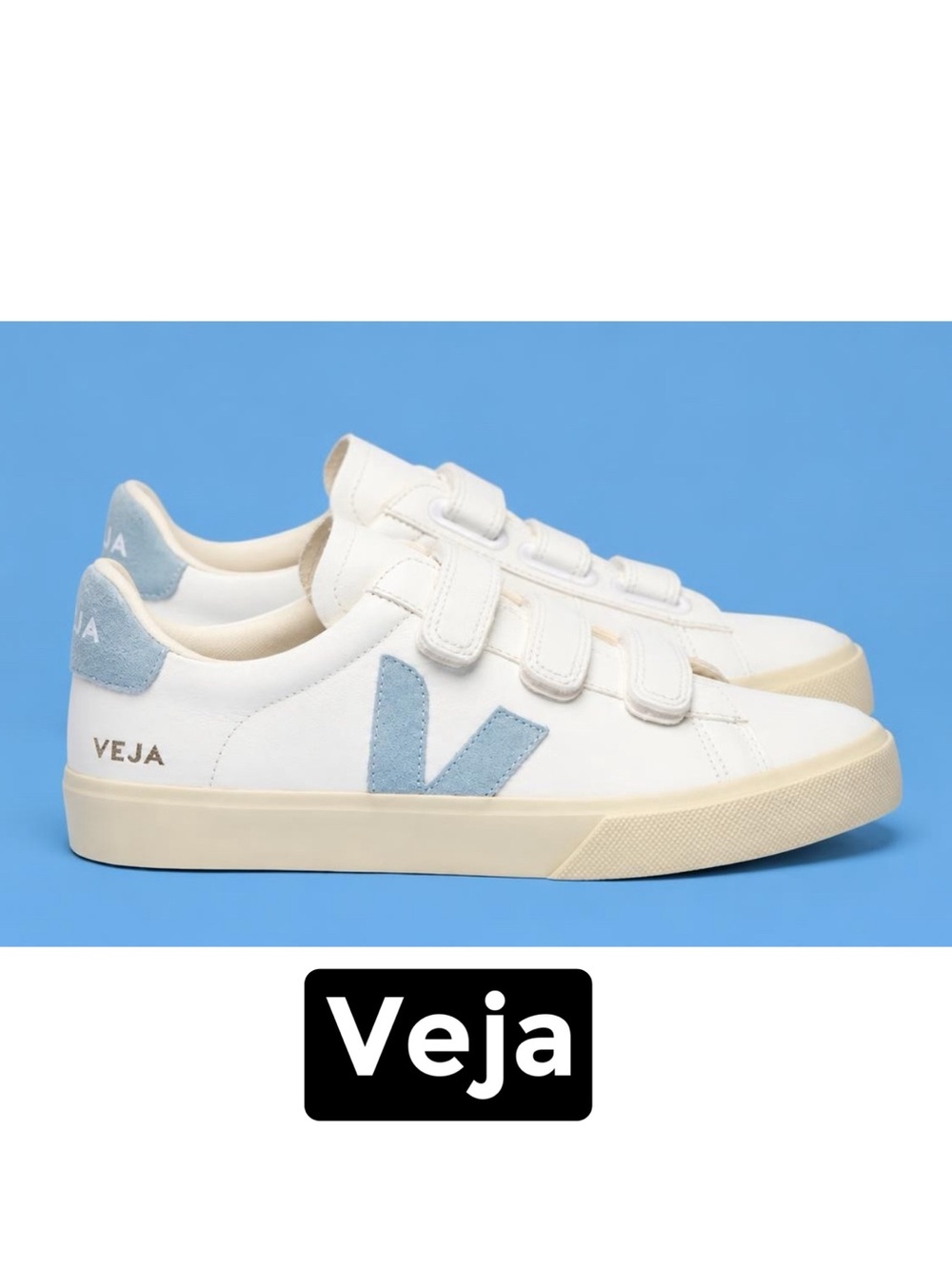 NWOB VEJA Recife Women's Hook & Loop 3-Strap Low-Top Sneakers White/Steel Blue 7